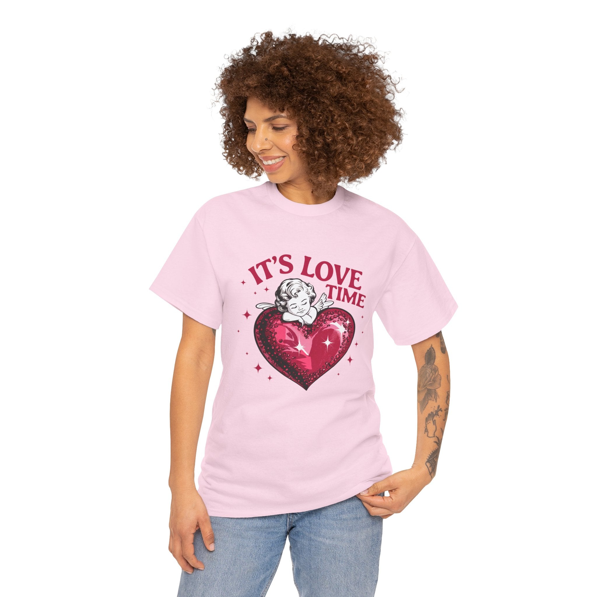 Valentine Angel Heart Tee — "It's Love Time" Graphic T-Shirt