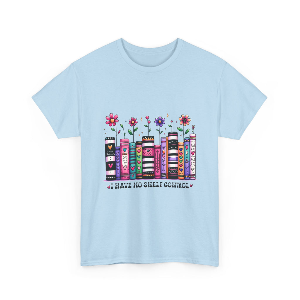 Book Lover T‑Shirt — Floral Stacked Books Graphic with "I Have No Shelf Control"