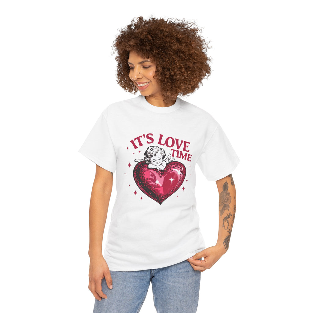 Valentine Angel Heart Tee — "It's Love Time" Graphic T-Shirt