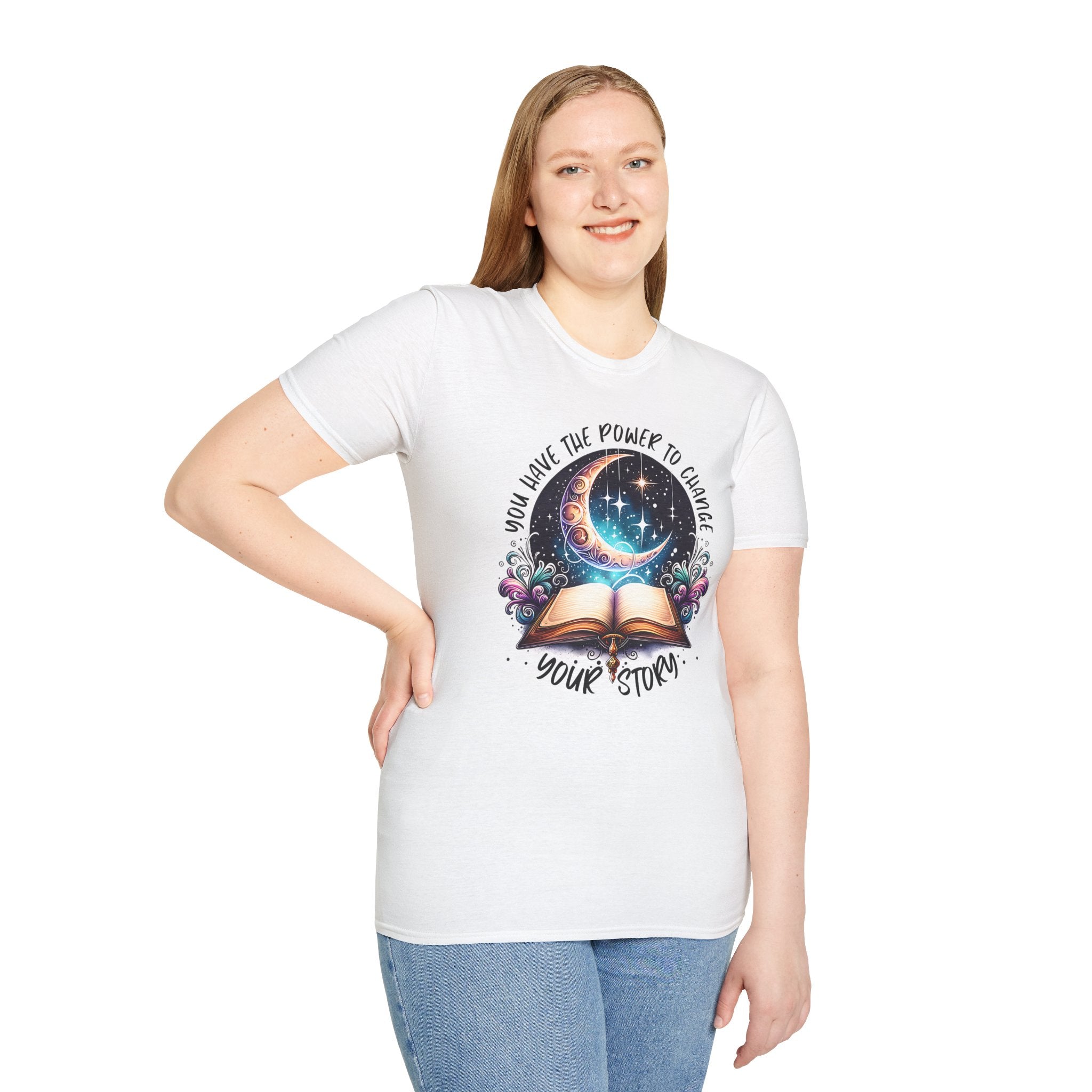 Inspirational Moon Book T-Shirt — "You Have the Power to Change Your Story"
