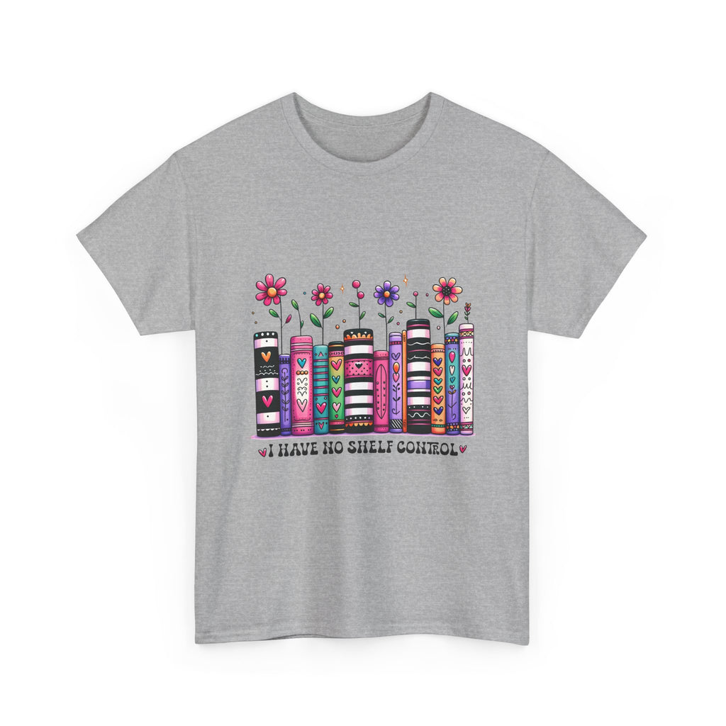 Book Lover T‑Shirt — Floral Stacked Books Graphic with "I Have No Shelf Control"