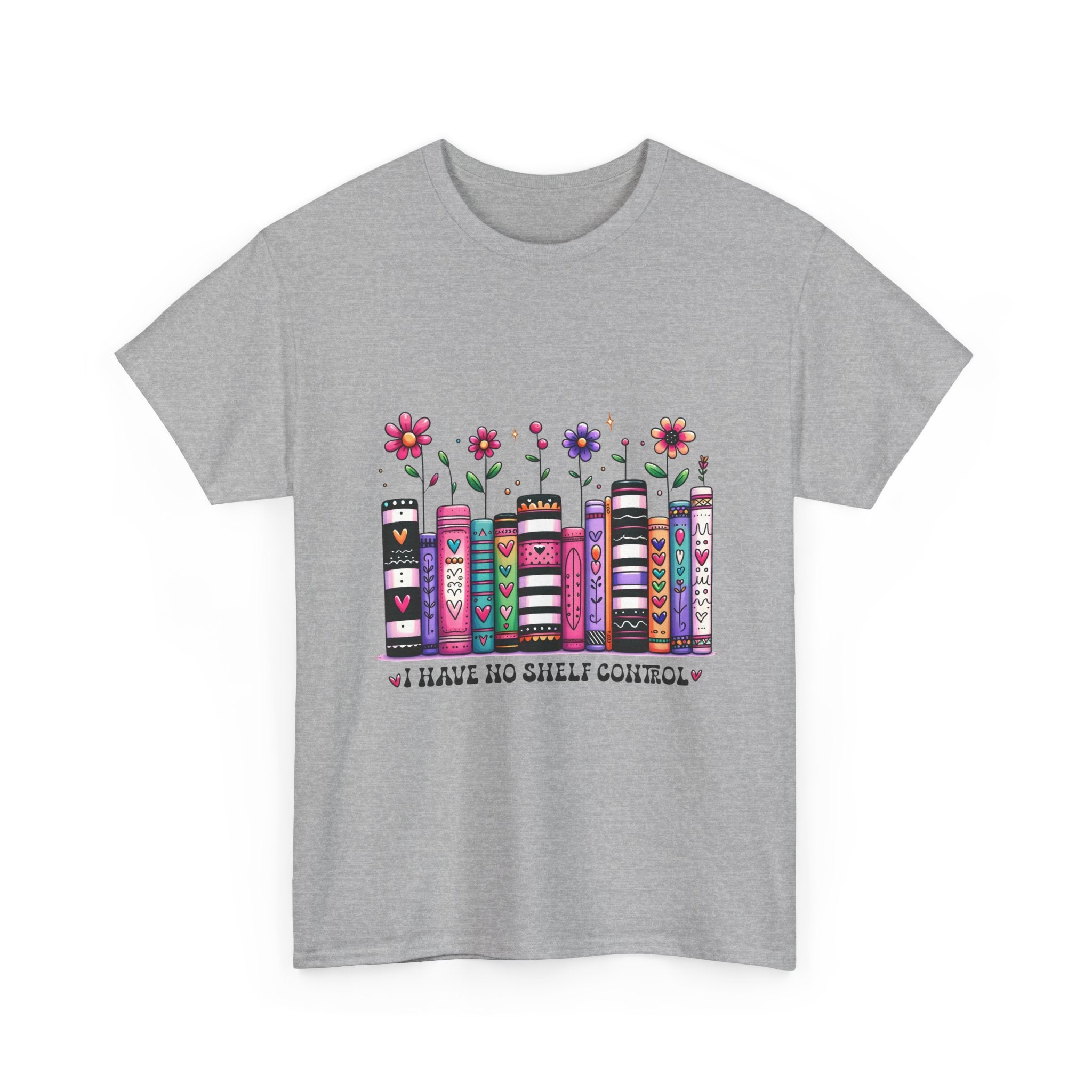 Book Lover T‑Shirt — Floral Stacked Books Graphic with "I Have No Shelf Control"