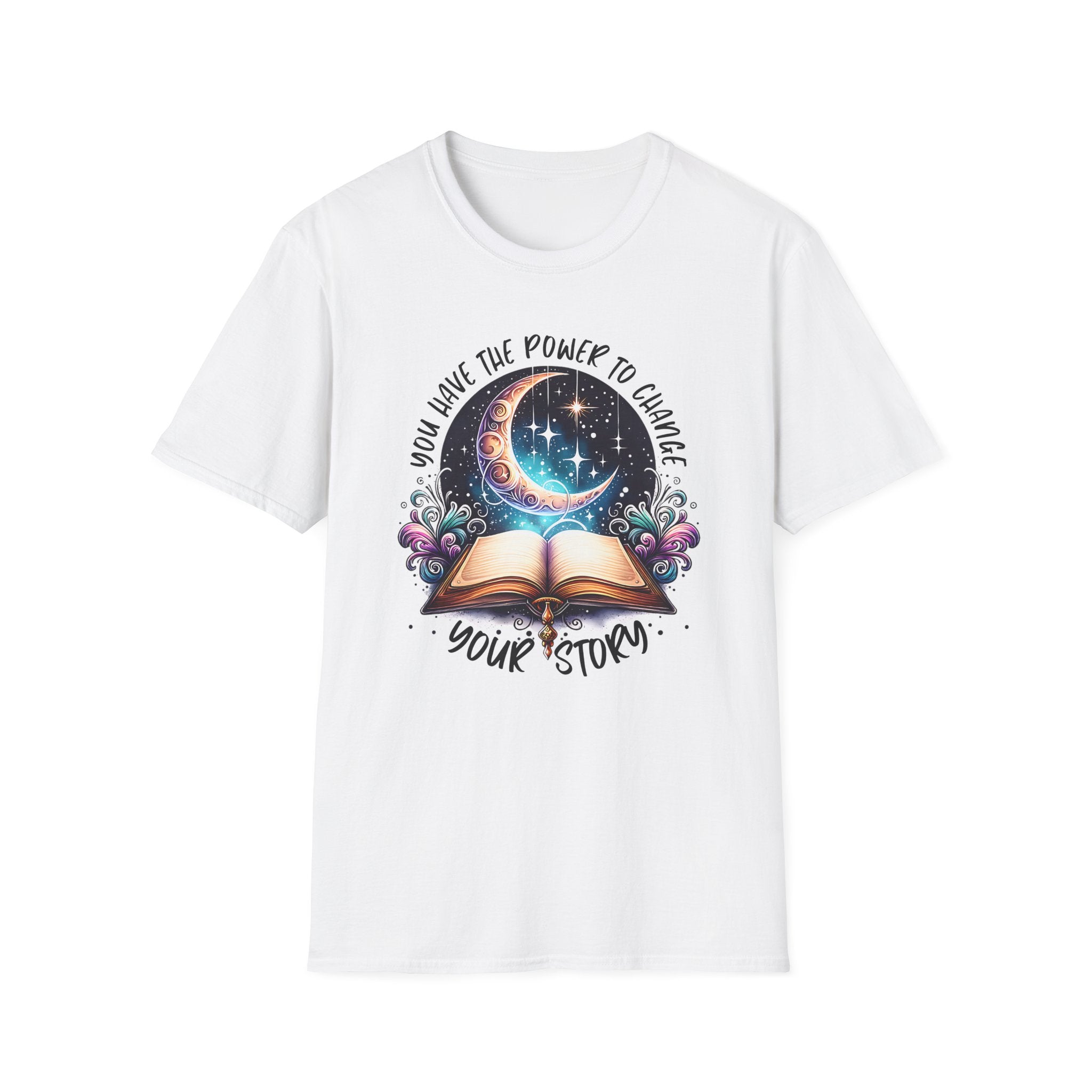Inspirational Moon Book T-Shirt — "You Have the Power to Change Your Story"
