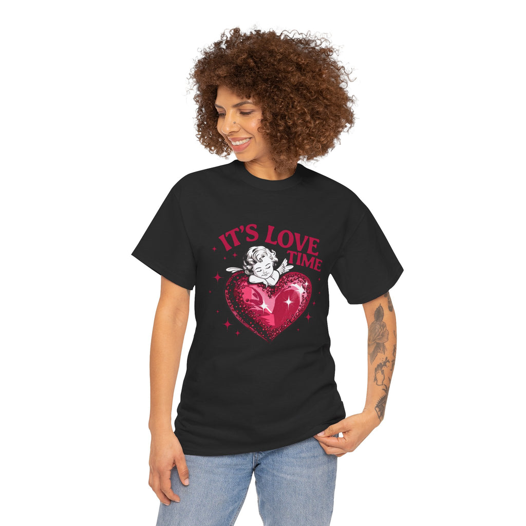 Valentine Angel Heart Tee — "It's Love Time" Graphic T-Shirt