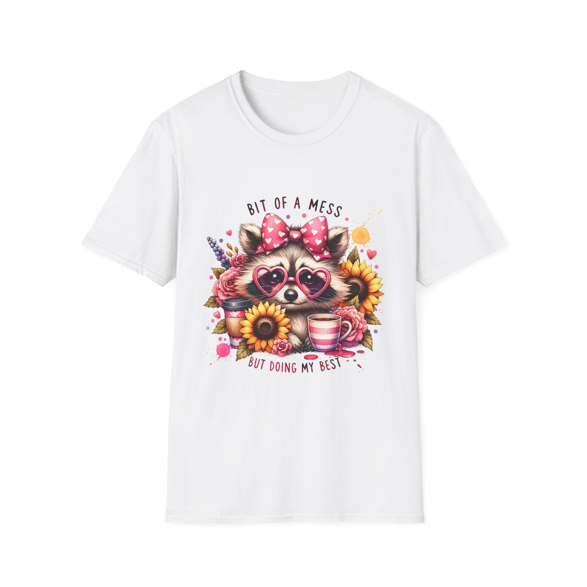 Bit of a Mess Raccoon T-Shirt — "Bit of a Mess but Doing My Best" Cute Sunflower Graphic Tee