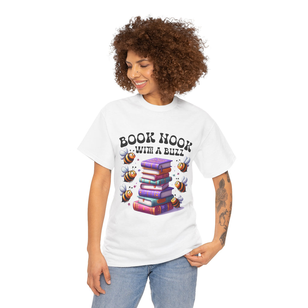 Book Nook with a Buzz T-Shirt – Cute Bee & Stack of Books Graphic Tee for Readers
