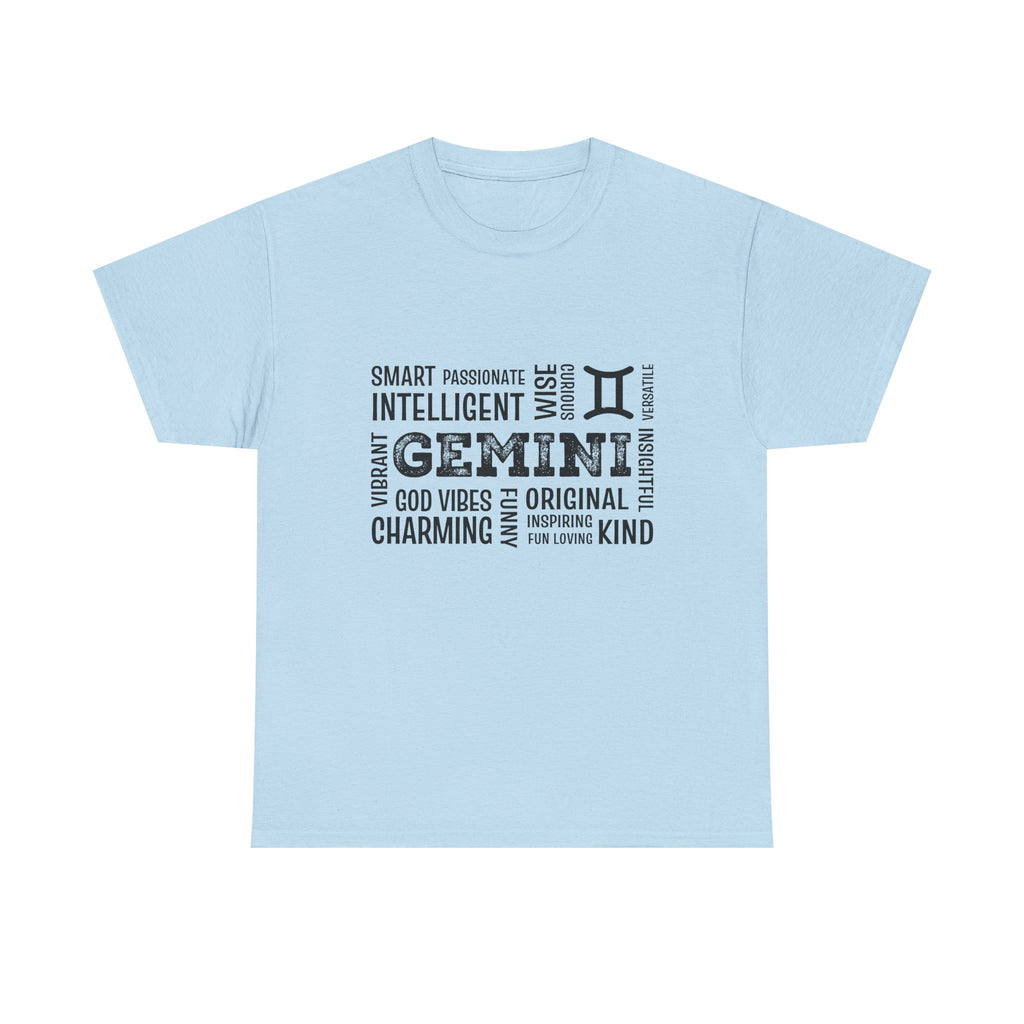 Gemini Zodiac T-Shirt – Word Cloud Traits Tee (Smart, Charming, Intelligent)