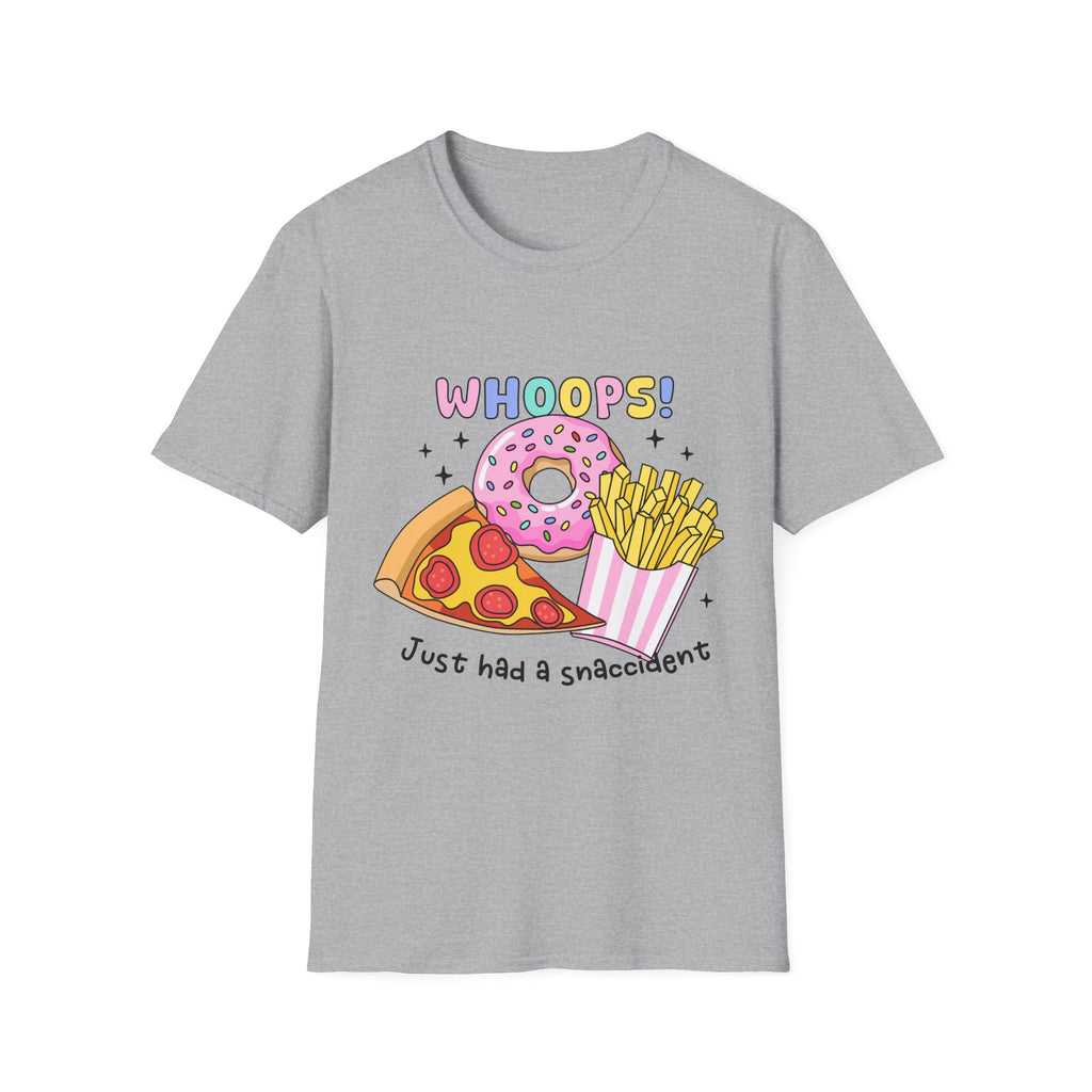 Snackcident T-Shirt — Cute Donut, Pizza & Fries Graphic Tee (“Whoops! Just had a snackcident”)