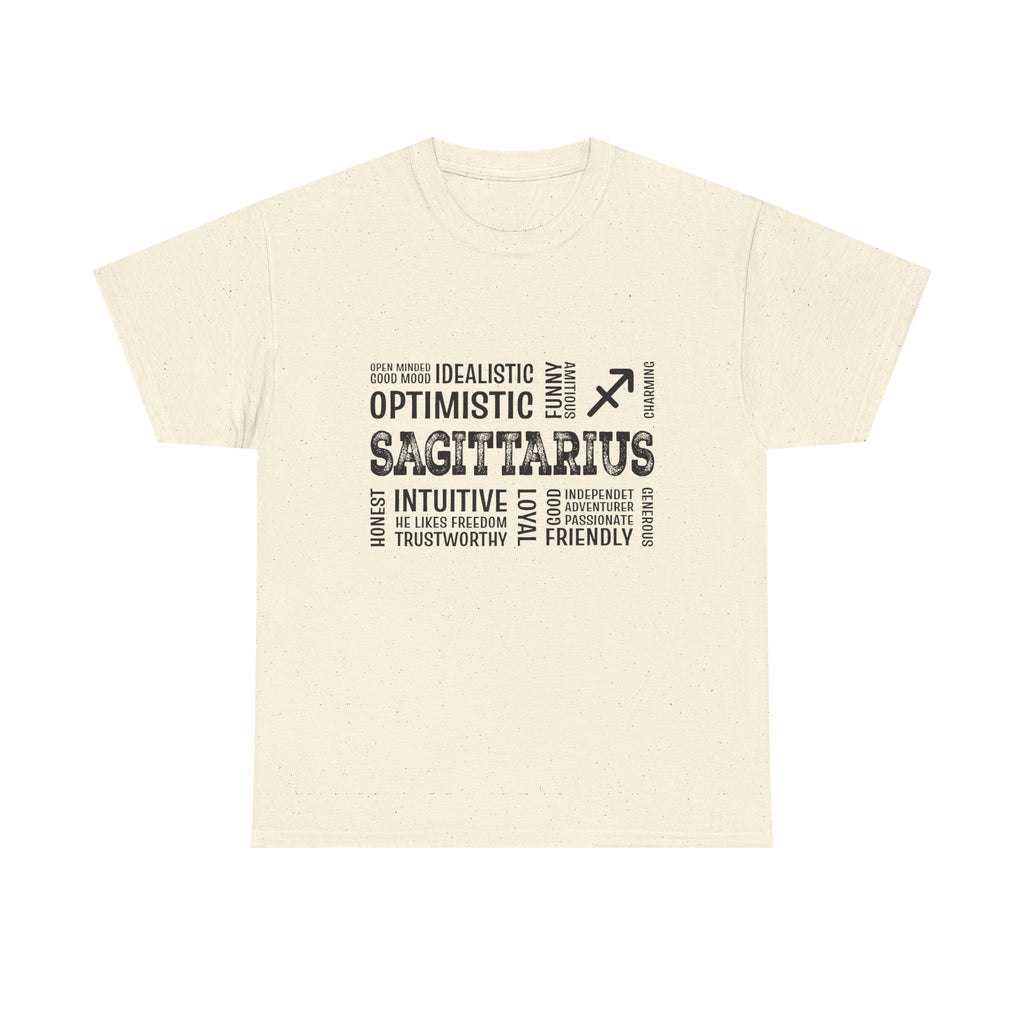 Sagittarius Zodiac T‑Shirt — Word Cloud Traits Tee (Optimistic, Intuitive)