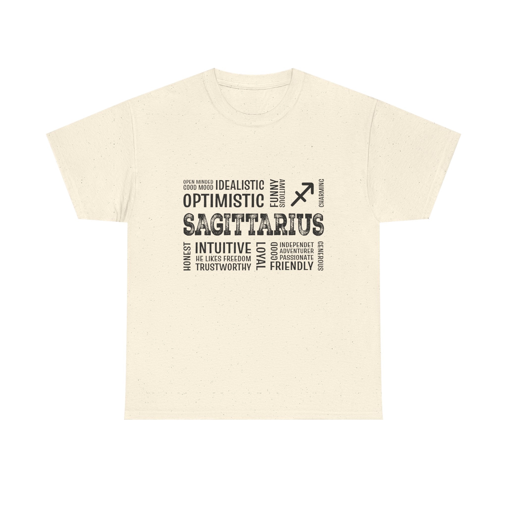 Sagittarius Zodiac T‑Shirt — Word Cloud Traits Tee (Optimistic, Intuitive)