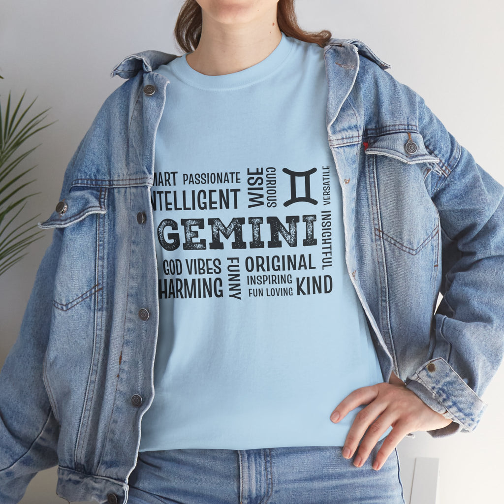 Gemini Zodiac T-Shirt – Word Cloud Traits Tee (Smart, Charming, Intelligent)