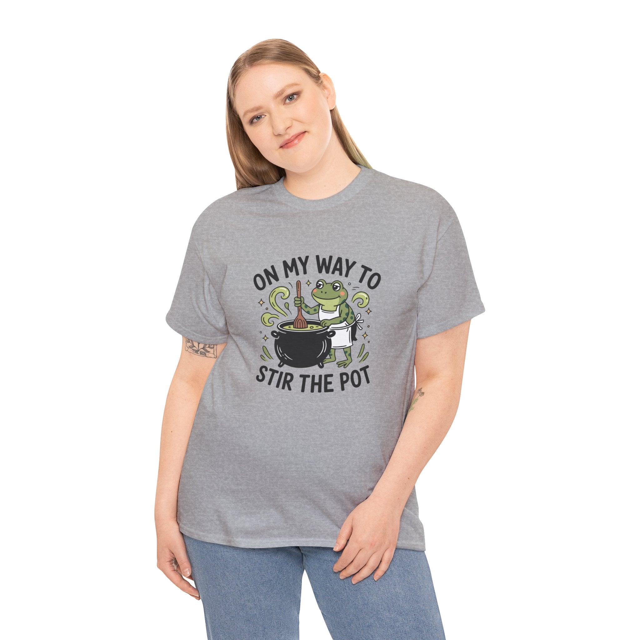T-Shirt — "On My Way to Stir the Pot" Frog Cauldron Funny Tee