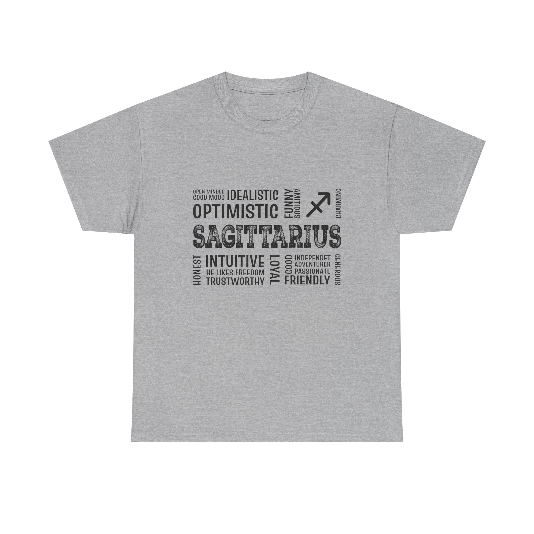 Sagittarius Zodiac T‑Shirt — Word Cloud Traits Tee (Optimistic, Intuitive)