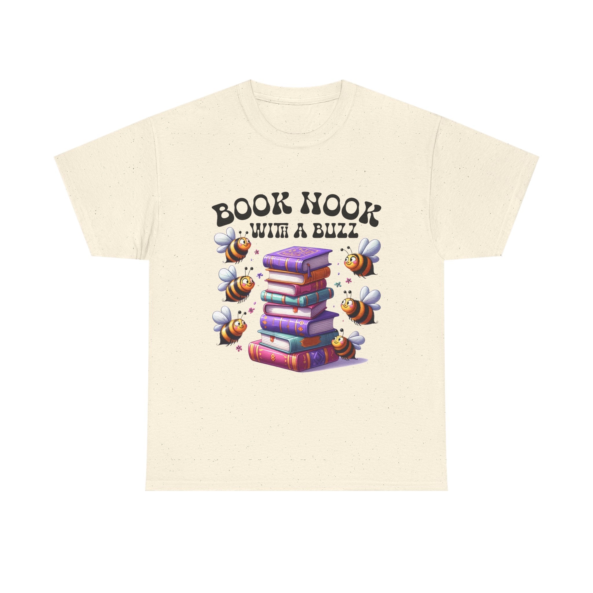 Book Nook with a Buzz T-Shirt – Cute Bee & Stack of Books Graphic Tee for Readers
