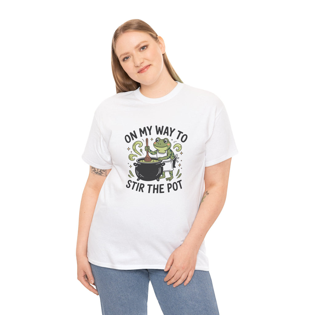 T-Shirt — "On My Way to Stir the Pot" Frog Cauldron Funny Tee