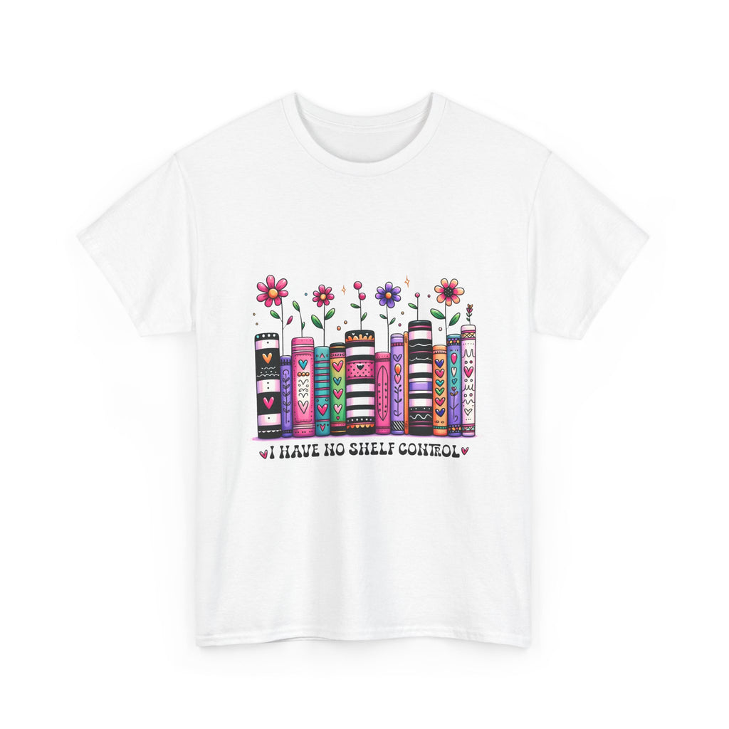 Book Lover T‑Shirt — Floral Stacked Books Graphic with "I Have No Shelf Control"