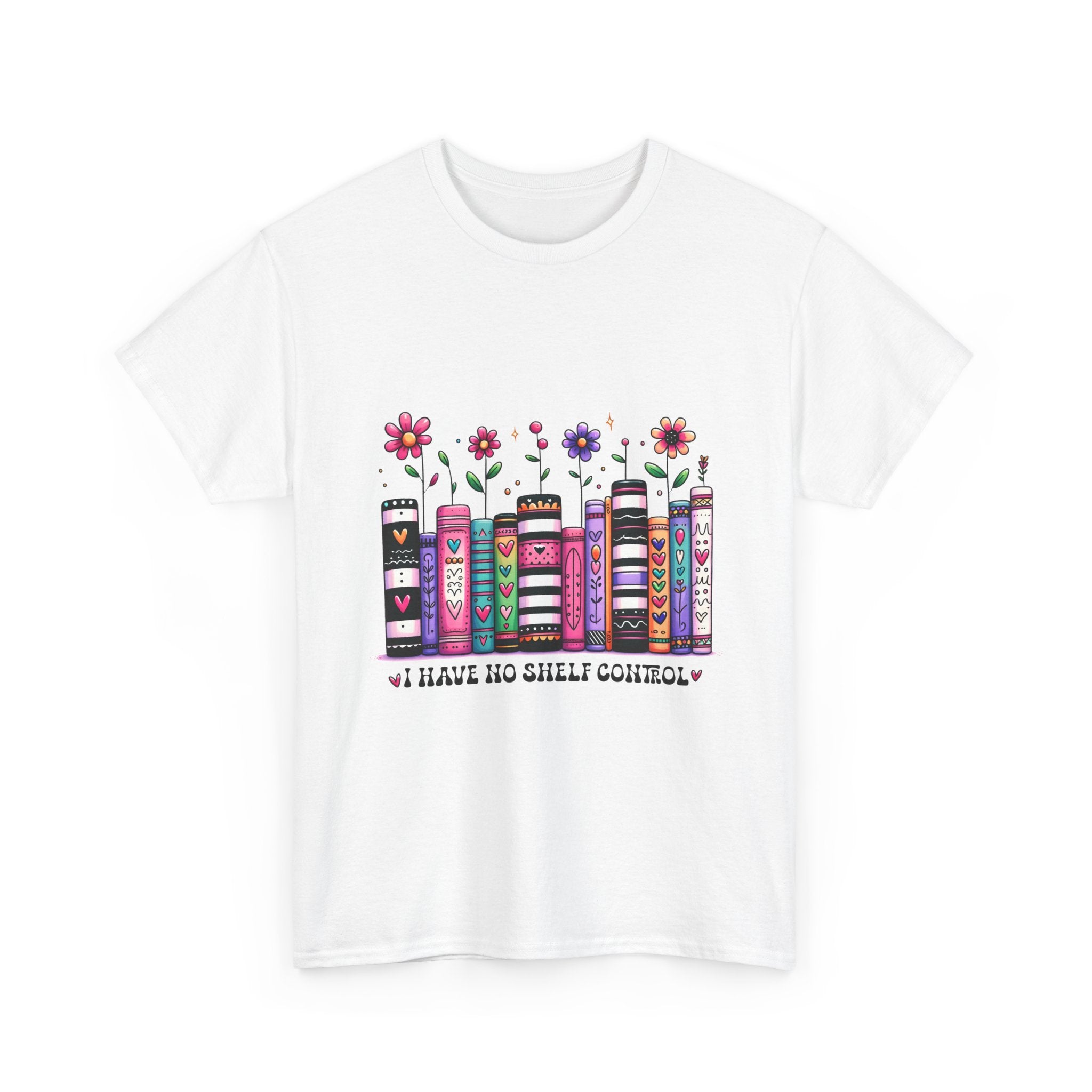 Book Lover T‑Shirt — Floral Stacked Books Graphic with "I Have No Shelf Control"