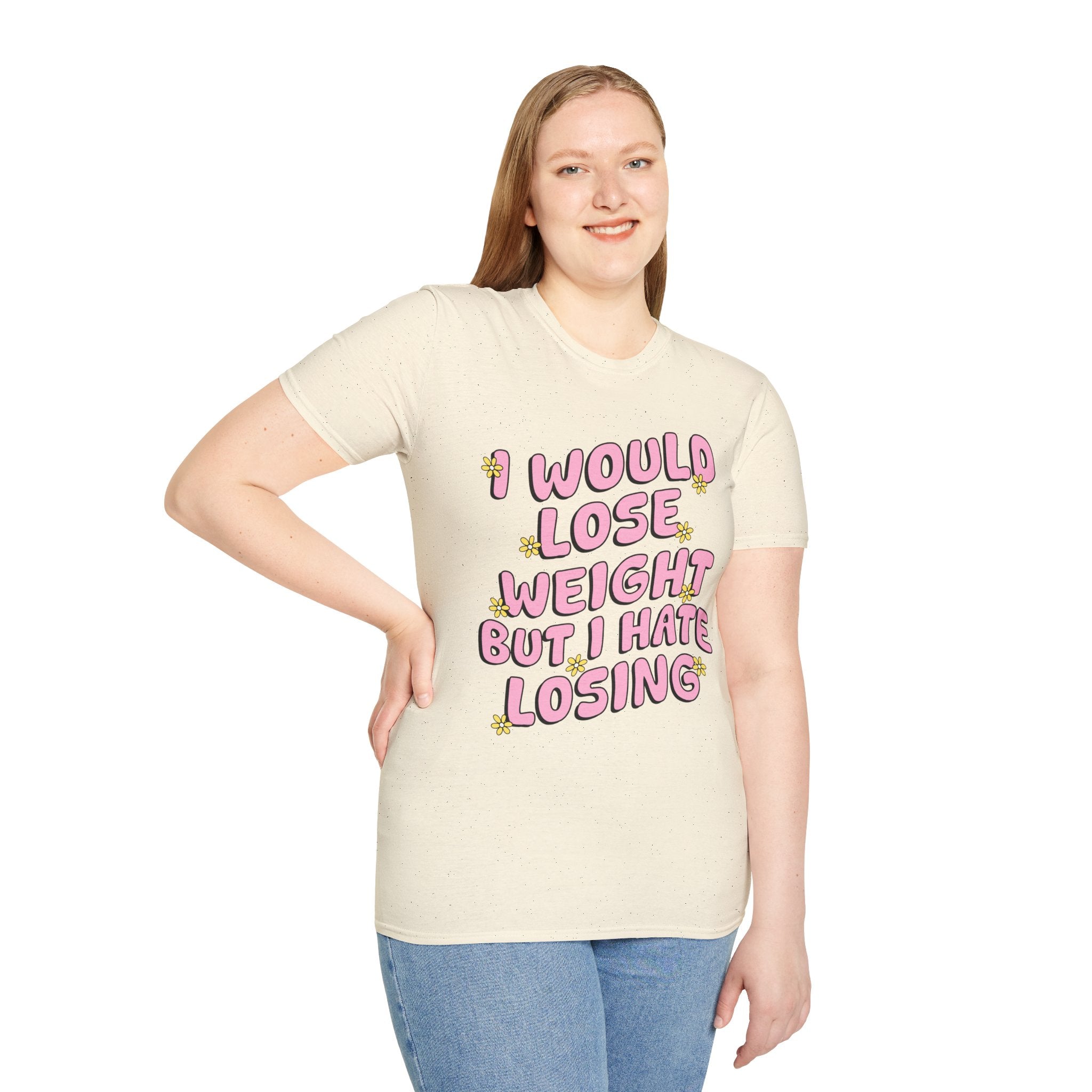 Funny Graphic T-Shirt — "I Would Lose Weight But I Hate Losing" Pink Retro Design