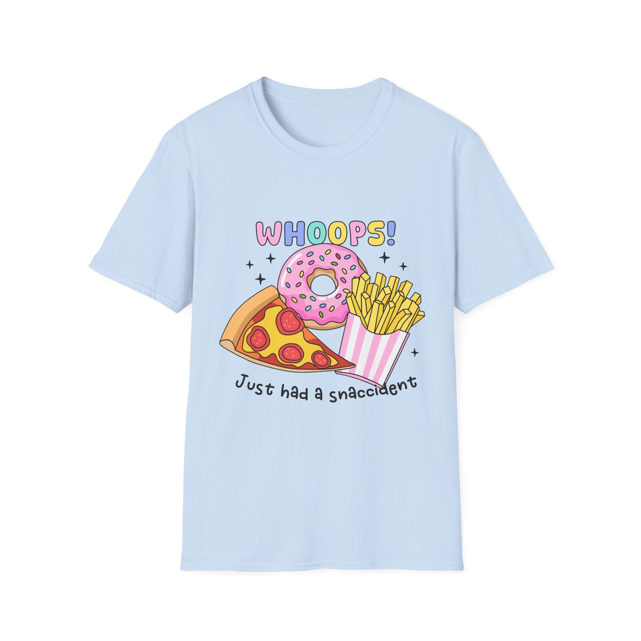 Snackcident T-Shirt — Cute Donut, Pizza & Fries Graphic Tee (“Whoops! Just had a snackcident”)