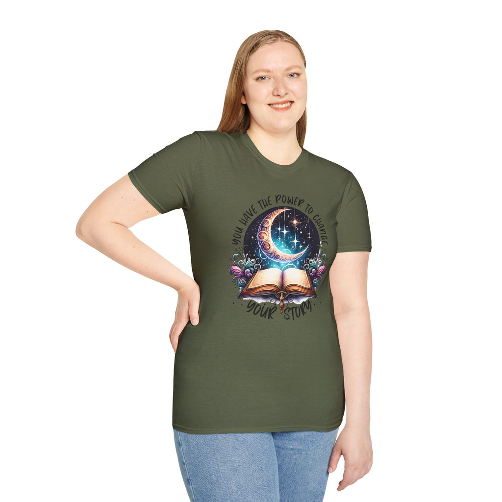 Inspirational Moon Book T-Shirt — "You Have the Power to Change Your Story"