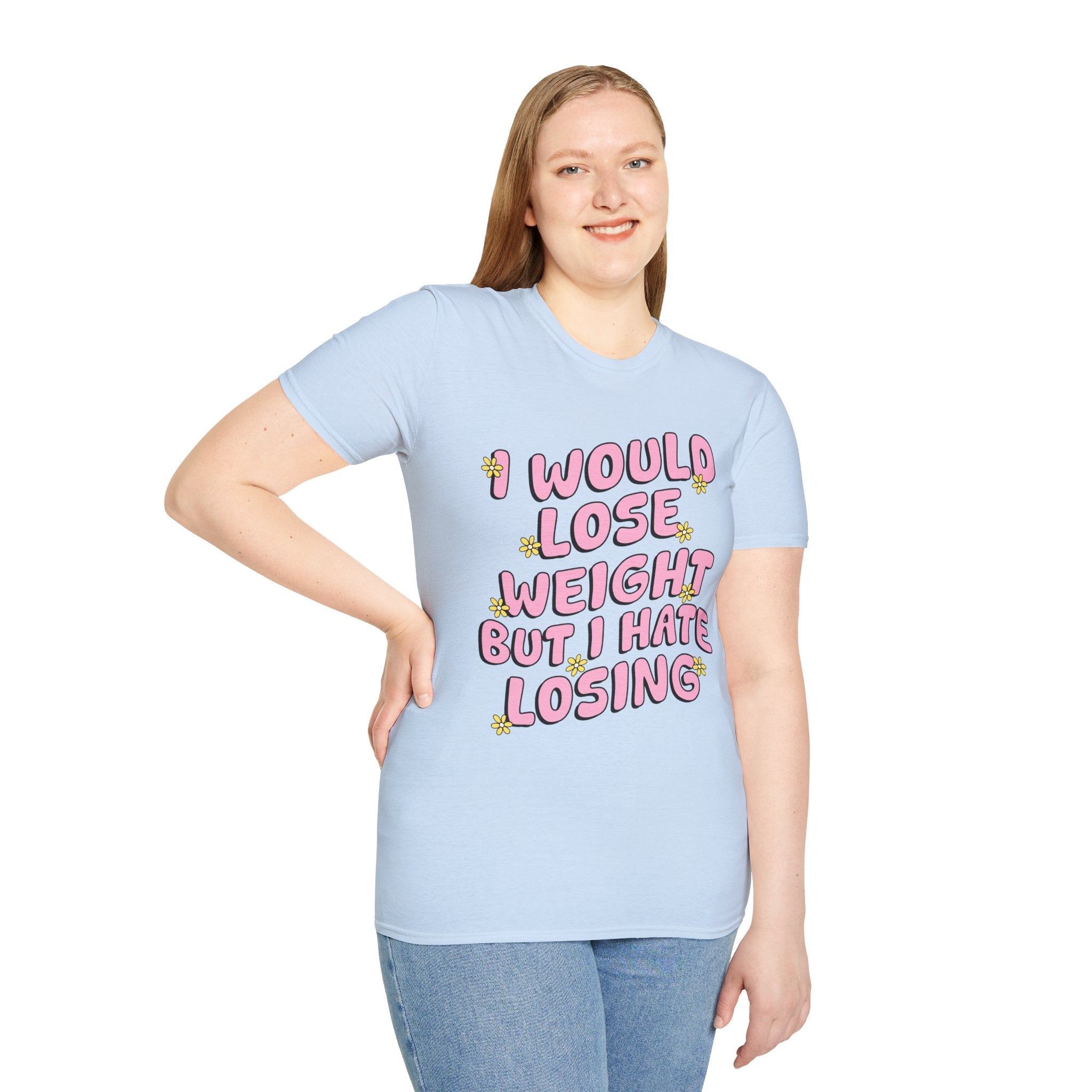 Funny Graphic T-Shirt — "I Would Lose Weight But I Hate Losing" Pink Retro Design