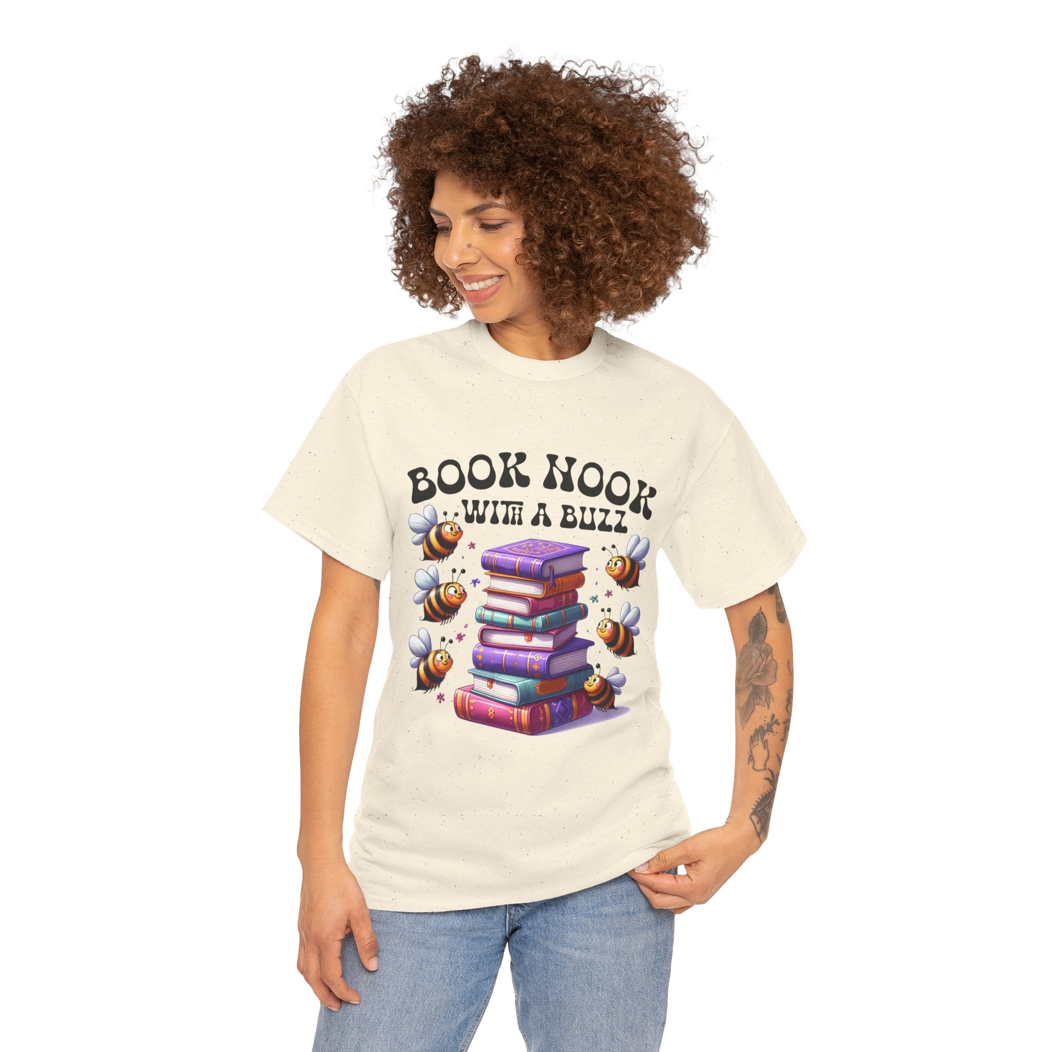 Book Nook with a Buzz T-Shirt – Cute Bee & Stack of Books Graphic Tee for Readers
