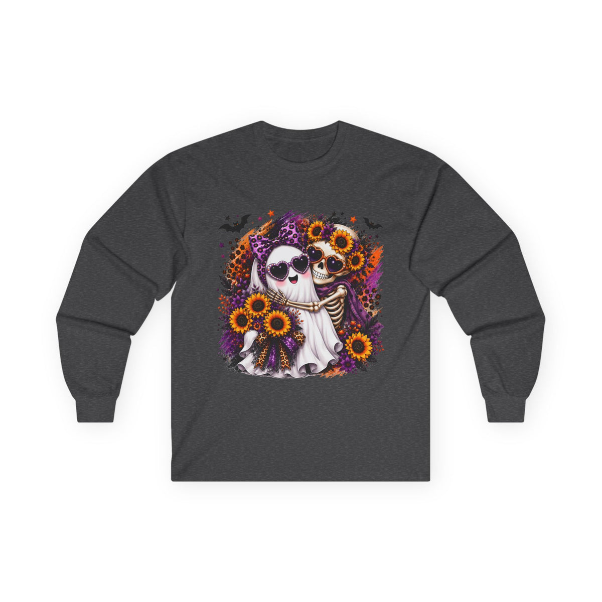 Long Sleeve Tee — Skeleton Couple with Sunflowers Halloween / Day of the Dead Shirt