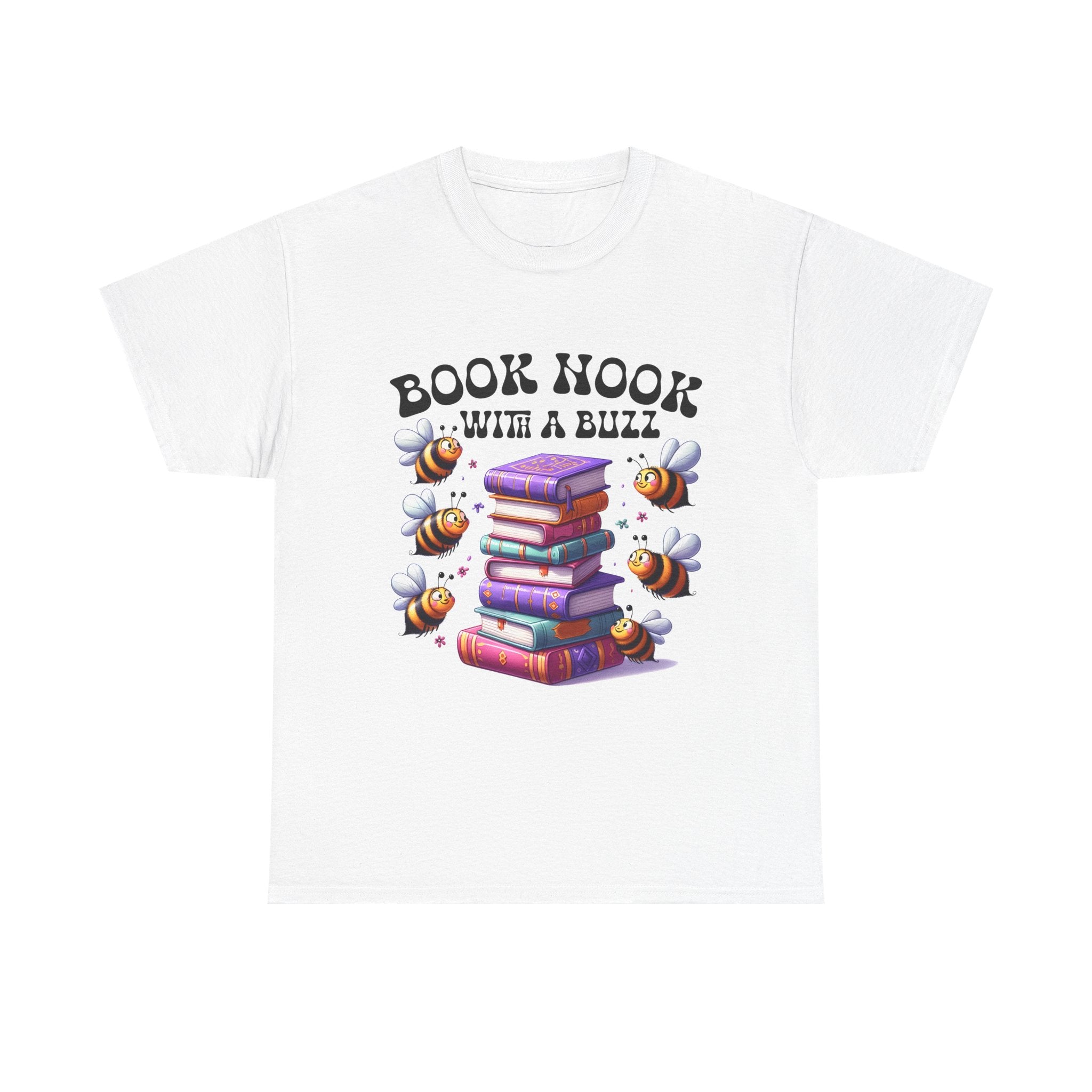 Book Nook with a Buzz T-Shirt – Cute Bee & Stack of Books Graphic Tee for Readers
